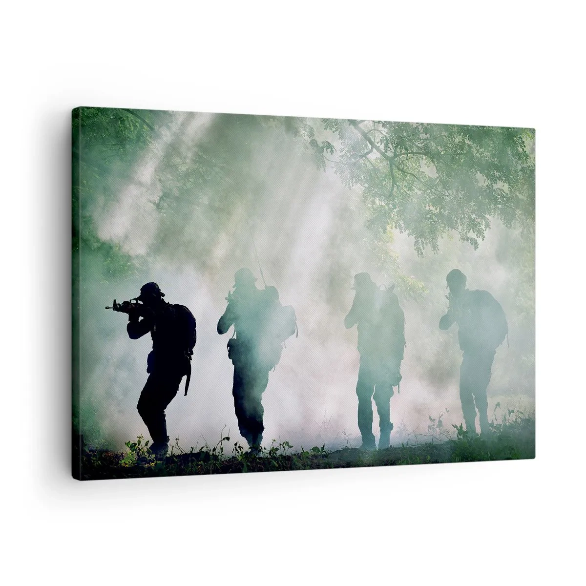 Impression sur toile - Image sur toile - Silhouettes de soldats dans une forêt entourée de brouillard - 70x50cm - Un pour tous… - Décoration murale moderne pour le salon et la chambre ARTTOR