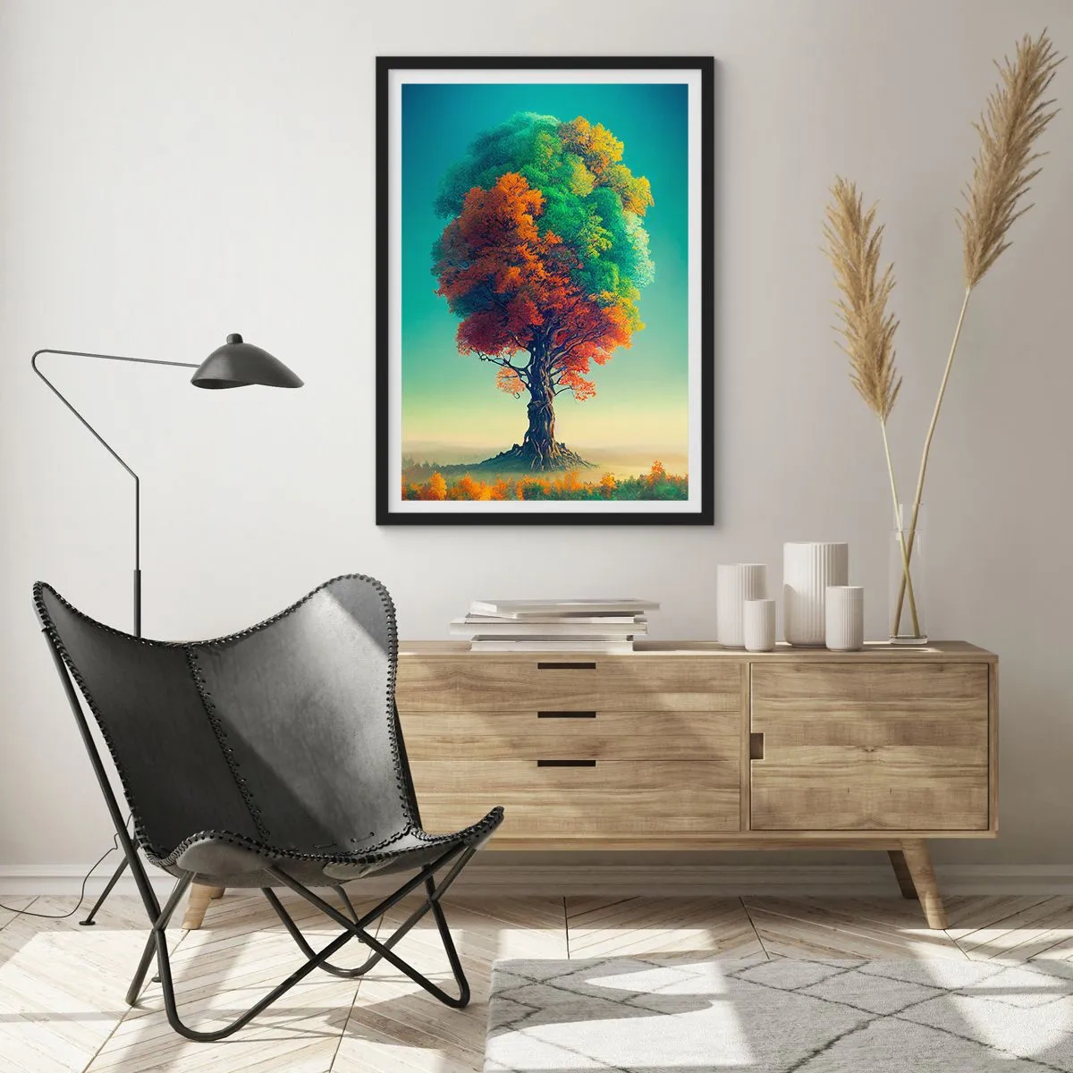 Affiche dans un cadre noir - Poster - Un arbre aux couleurs des quatre saisons - 50x70cm - Le chêne – le père de la nature - Décoration murale moderne pour le salon et la chambre ARTTOR