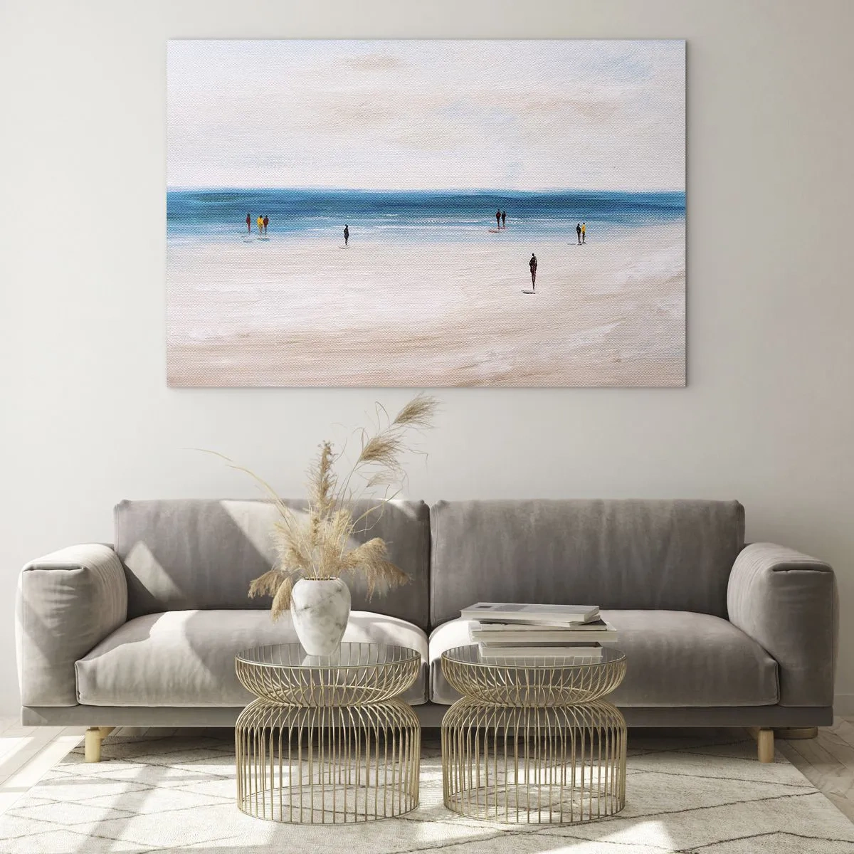 Impression sur verre - Image sur verre - Une plage tranquille avec des silhouettes de personnes marchant le long de la mer - 70x50cm - Un besoin naturel - Décoration murale moderne pour le salon et la chambre ARTTOR
