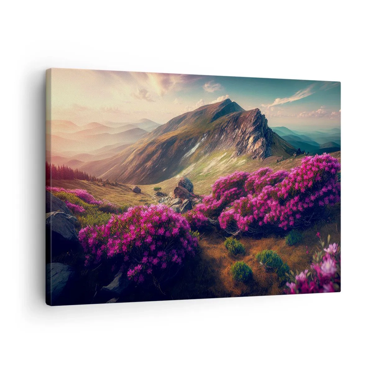Impression sur toile - Image sur toile - Paysage de montagne avec des rhododendrons en fleurs - 70x50cm - L'été à la montagne - Décoration murale moderne pour le salon et la chambre ARTTOR