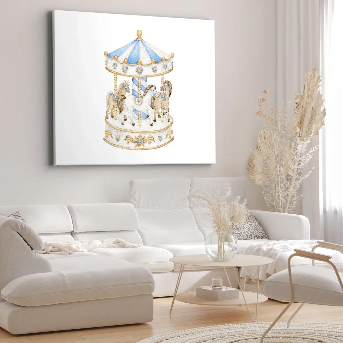 Impression sur toile - Image sur toile - Un carrousel aux couleurs pastel sur fond blanc - 70x50cm - Douce enfance - Décoration murale moderne pour le salon et la chambre ARTTOR