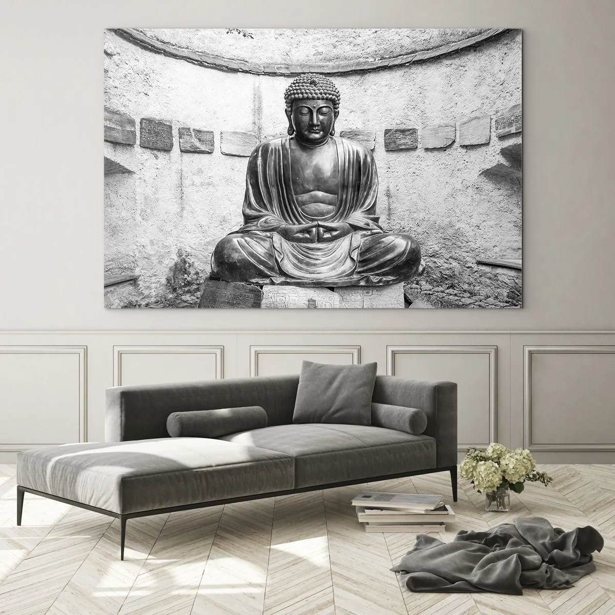 Impression sur verre - Image sur verre - Statue de Bouddha en noir et blanc dans une pose méditative - 70x50cm - A la source de la paix - Décoration murale moderne pour le salon et la chambre ARTTOR
