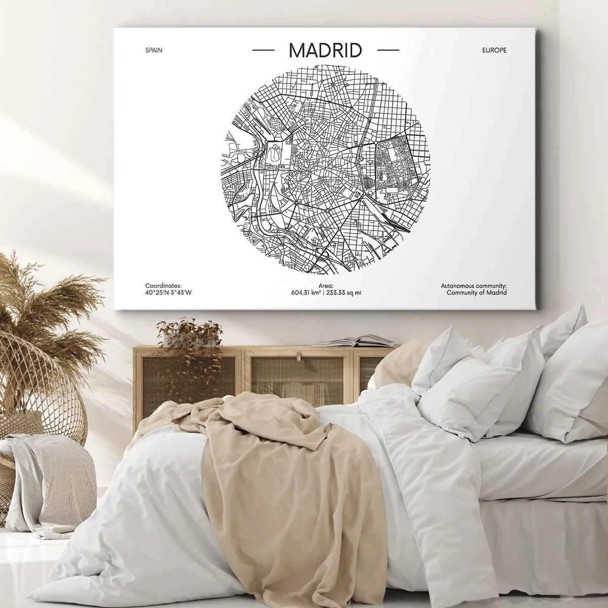 Impression sur toile - Image sur toile - Carte de Madrid dans un style minimaliste en noir et blanc - 70x50cm - Anatomie de Madrid - Décoration murale moderne pour le salon et la chambre ARTTOR