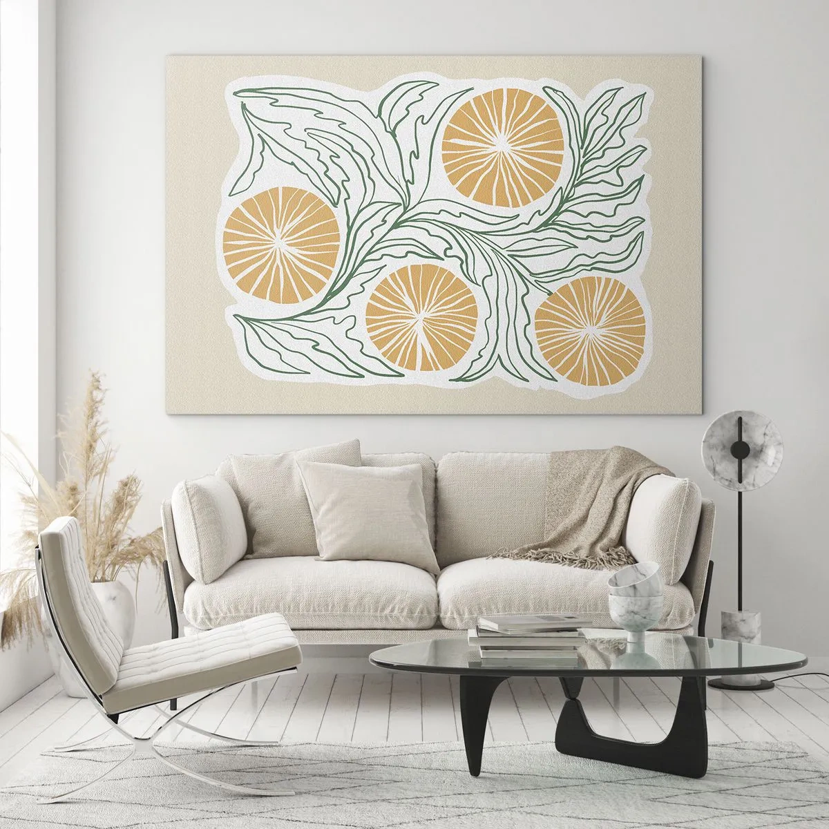 Impression sur verre - Image sur verre - Fruits orange et feuilles vertes dans une composition graphique - 70x50cm - Ethnique avec une pointe d'abstraction - Décoration murale moderne pour le salon et la chambre ARTTOR
