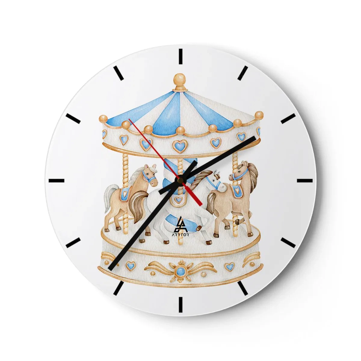 Horloge murale - Pendule murale - Un carrousel avec des chevaux dans des tons pastel de bleu et de beige - 30x30cm - Douce enfance - Décoration murale moderne pour le salon, la cuisine et la chambre ARTTOR