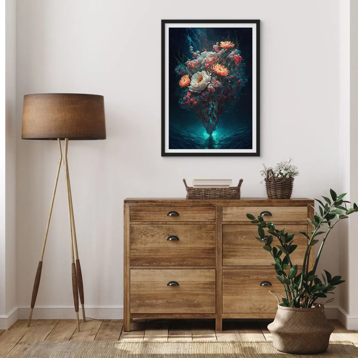 Affiche dans un cadre noir - Poster - Un arrangement magique de fleurs flottant au-dessus de l'eau - 50x70cm - Un étrange jardin - Décoration murale moderne pour le salon et la chambre ARTTOR