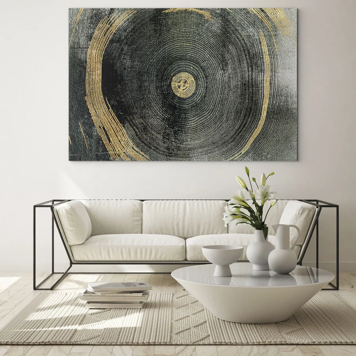 Impression sur verre - Image sur verre - Coupe transversale d'un tronc d'arbre avec détails et accents dorés - 70x50cm - Changement et persistance - Décoration murale moderne pour le salon et la chambre ARTTOR