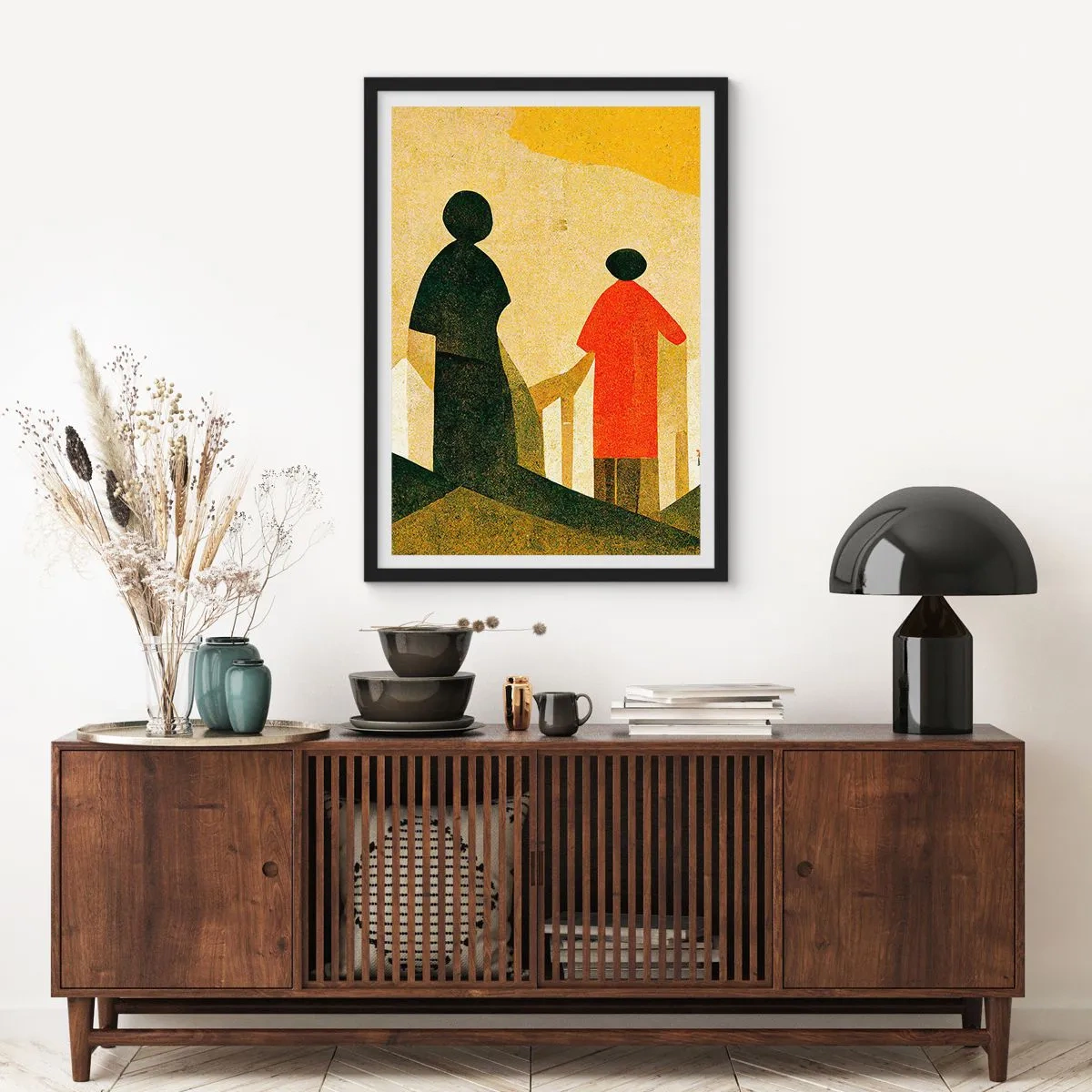 Affiche dans un cadre noir - Poster - Silhouettes géométriques de personnages sur fond de paysage abstrait - 50x70cm - La route est encore longue - Décoration murale moderne pour le salon et la chambre ARTTOR