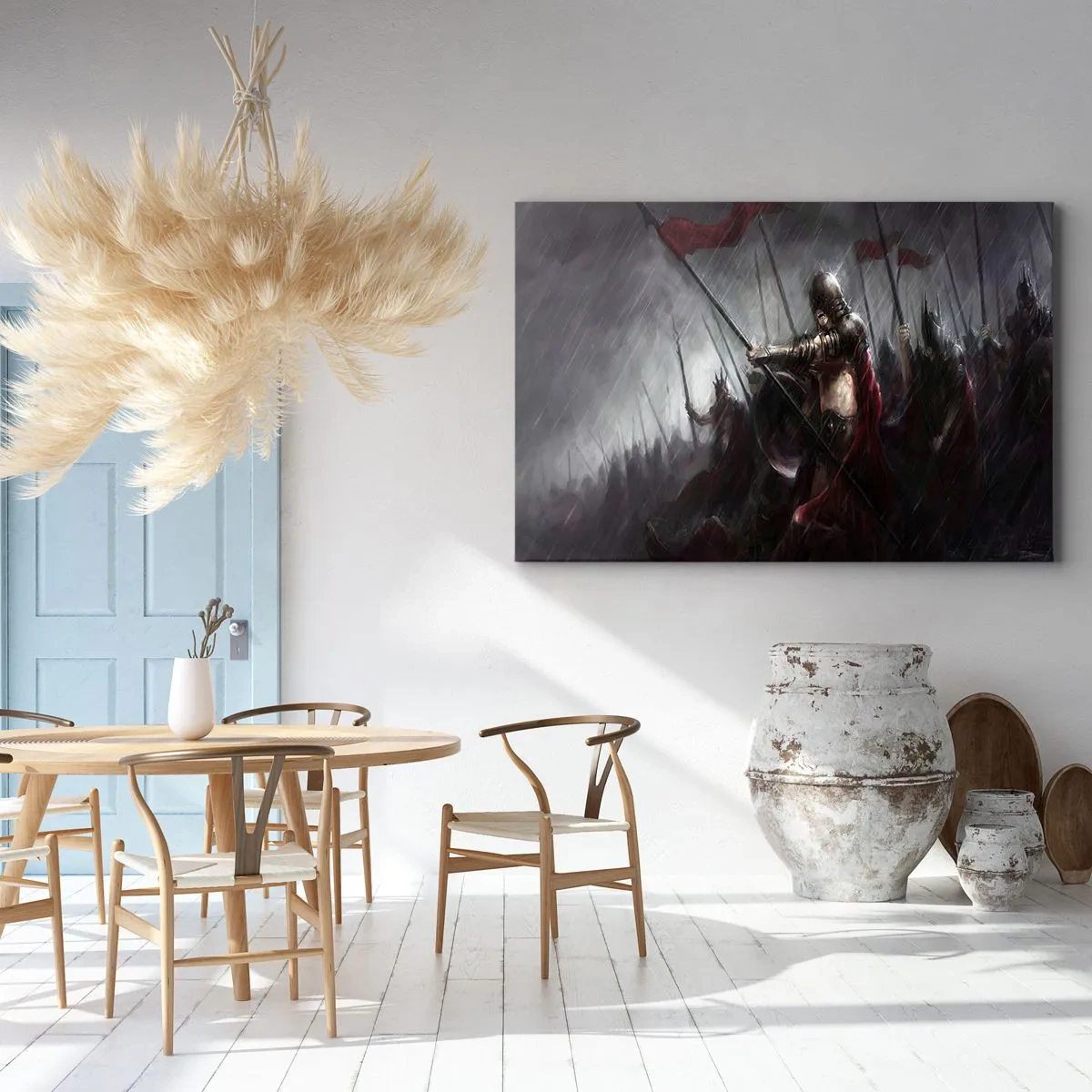 Impression sur toile - Image sur toile - Chevaliers marchant vers le champ de bataille sous la pluie - 70x50cm - Passant, dis à Sparte… - Décoration murale moderne pour le salon et la chambre ARTTOR