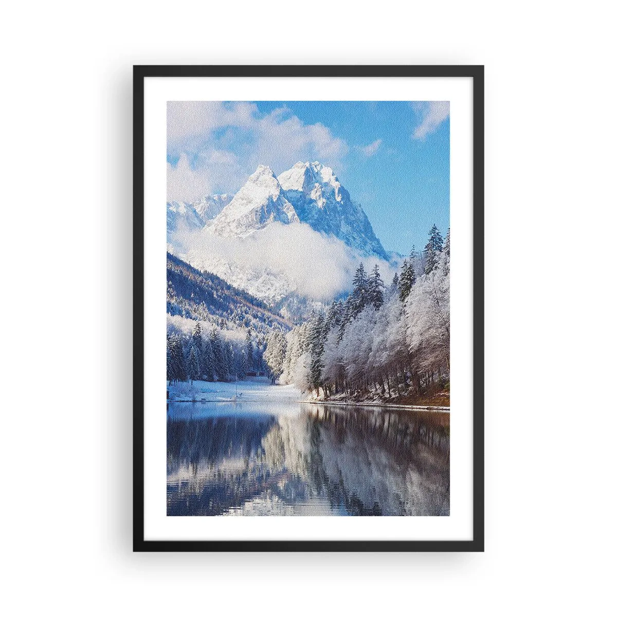 Affiche dans un cadre noir - Poster - Des montagnes enneigées se reflètent dans un lac en hiver - 50x70cm - Protecteur de la neige - Décoration murale moderne pour le salon et la chambre ARTTOR