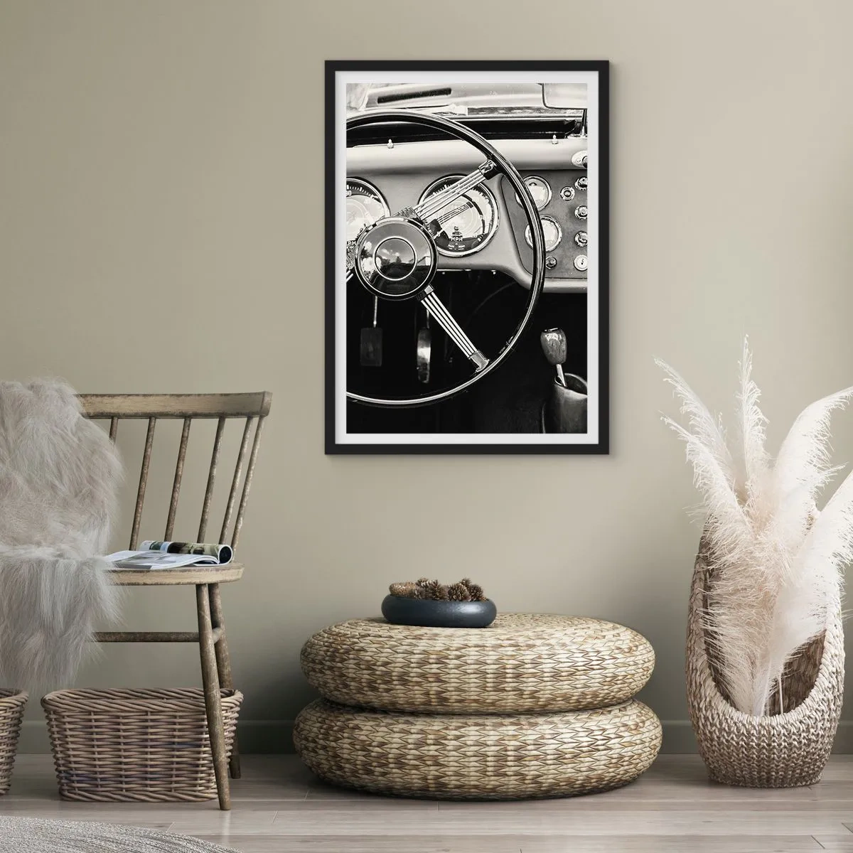 Affiche dans un cadre noir - Poster - L'intérieur d'une voiture ancienne dans un style monochrome - 50x70cm - Rêve de collectionneur - Décoration murale moderne pour le salon et la chambre ARTTOR