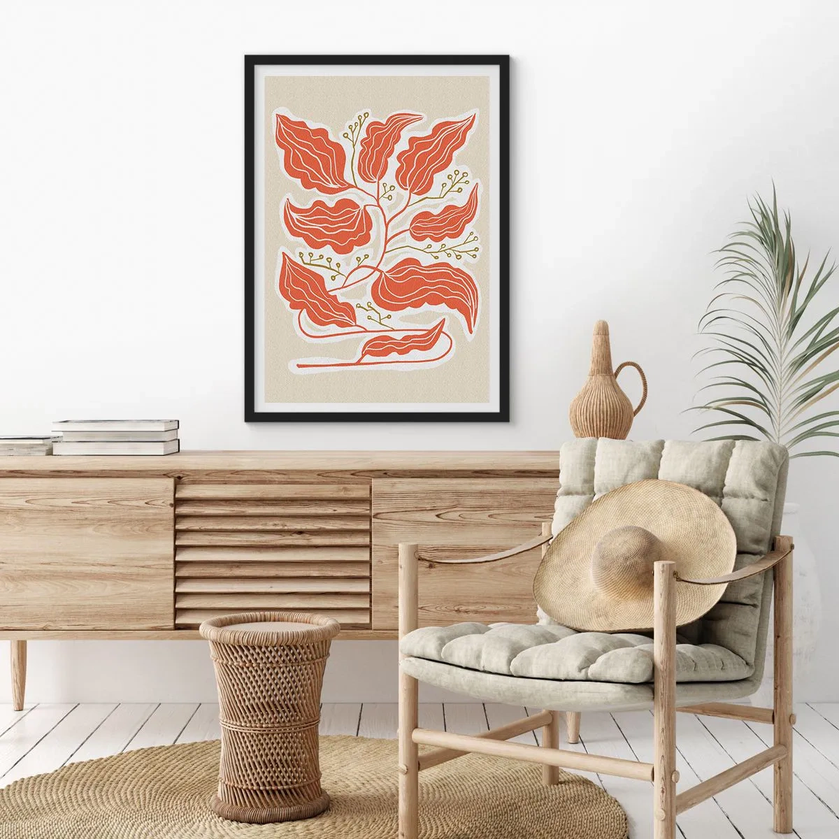 Affiche dans un cadre noir - Poster - Une composition abstraite de feuilles dans des tons orange et beige. - 50x70cm - Folk et coloré - Décoration murale moderne pour le salon et la chambre ARTTOR