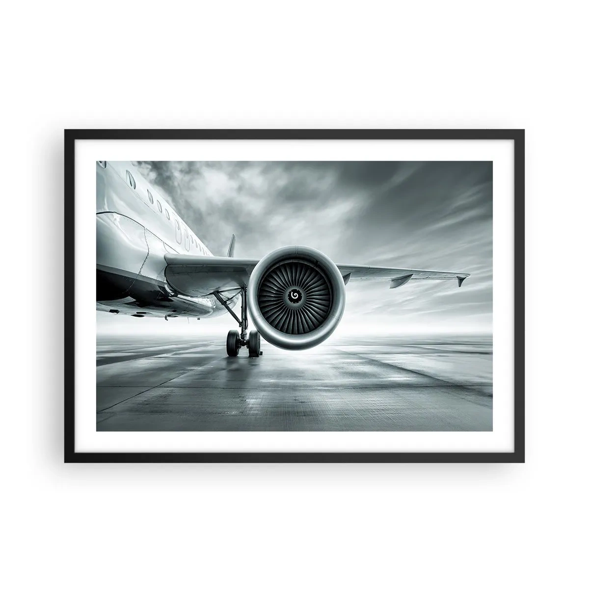 Affiche dans un cadre noir - Poster - Le réacteur d'un avion sur le tarmac - 70x50cm - Sent la force! - Décoration murale moderne pour le salon et la chambre ARTTOR