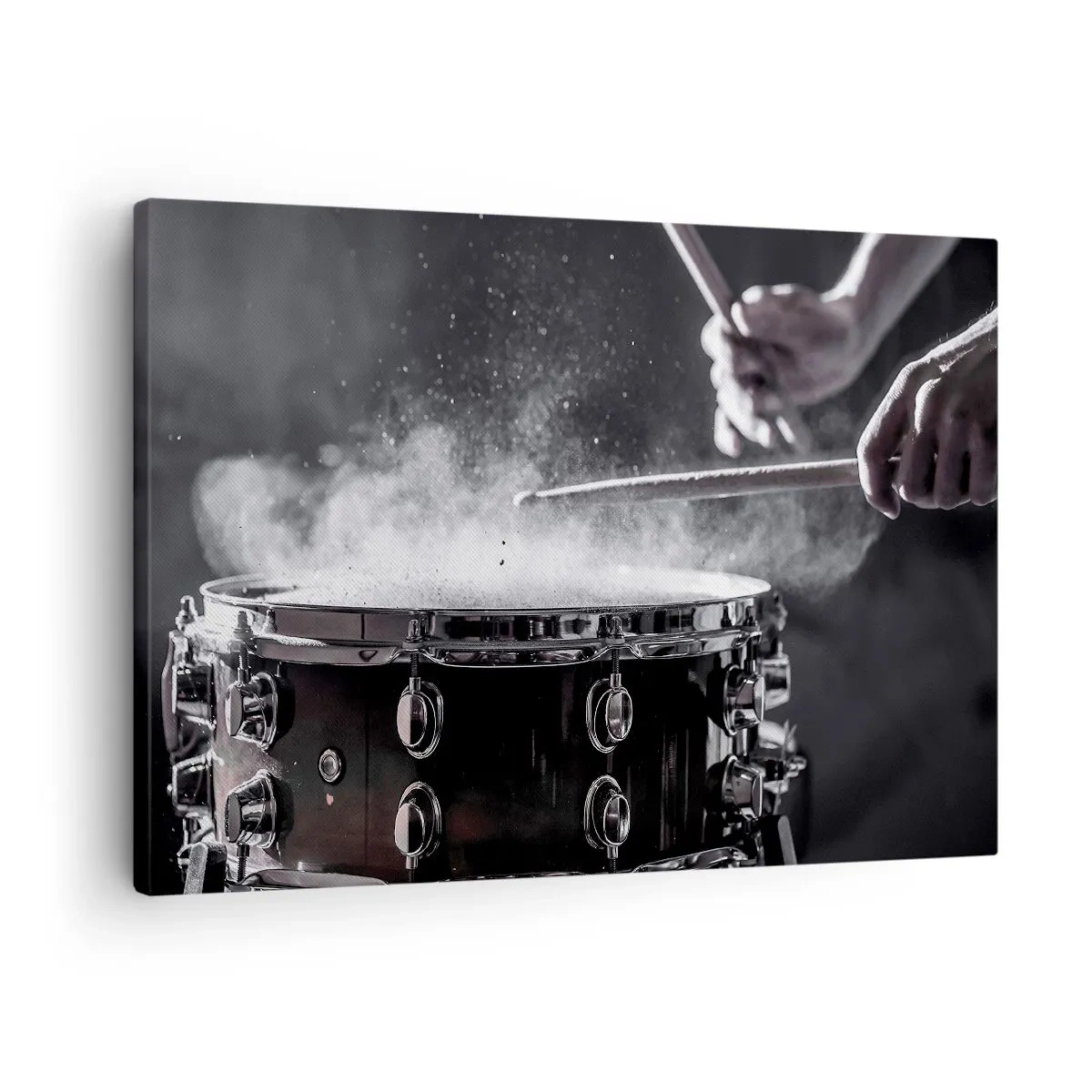 Impression sur toile - Image sur toile - Frapper la caisse claire avec des baguettes avec un effet de poussière - 70x50cm - Tempo de la musique - Décoration murale moderne pour le salon et la chambre ARTTOR