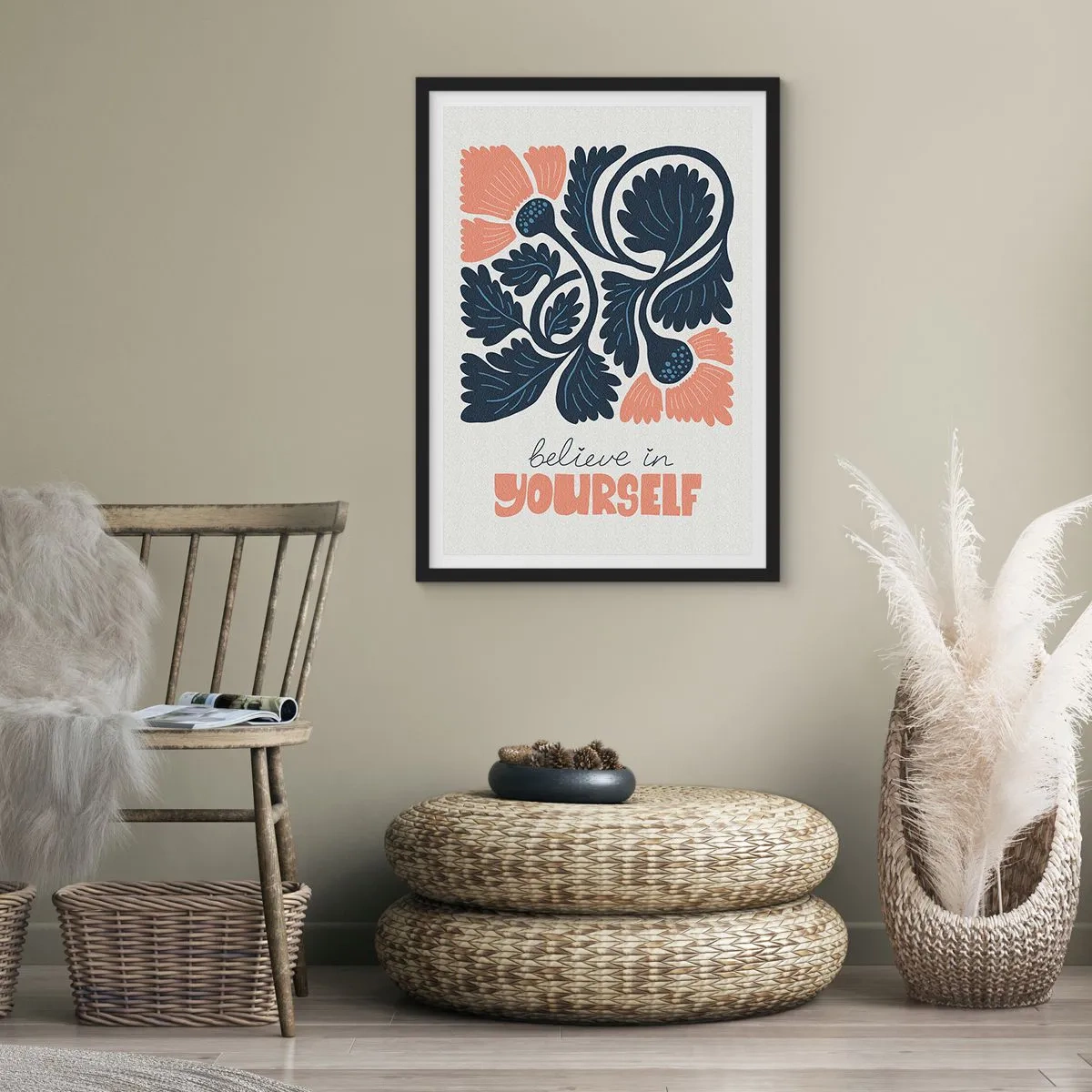Affiche dans un cadre noir - Poster - Fleurs stylisées en bleu marine et rose avec une inscription inspirante - 50x70cm - Et tu t'épanouis - Décoration murale moderne pour le salon et la chambre ARTTOR