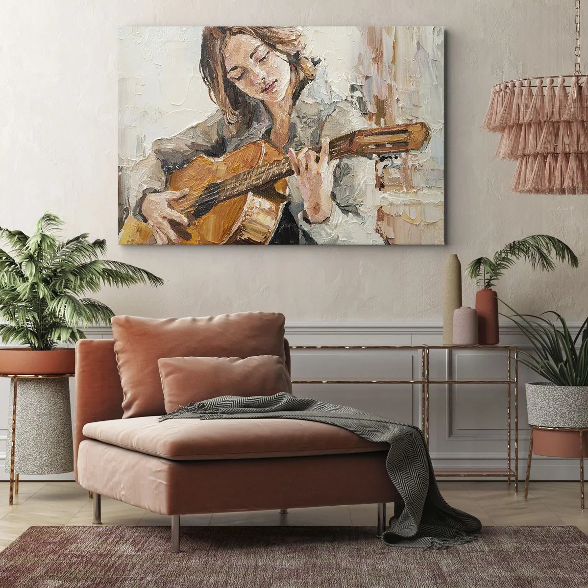 Impression sur toile - Image sur toile - Portrait d'une fille jouant de la guitare dans un style pictural aux couleurs chaudes. - 70x50cm - Concerto pour guitare et coeur de fille - Décoration murale moderne pour le salon et la chambre ARTTOR