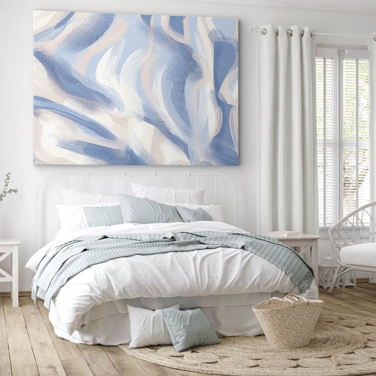 Impression sur toile - Image sur toile - Coups de pinceau abstraits dans des tons de bleu et de beige - 70x50cm - Vagues bleues - Décoration murale moderne pour le salon et la chambre ARTTOR