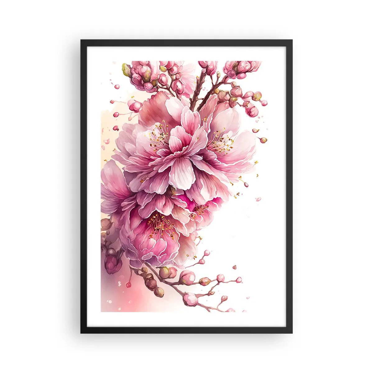 Affiche dans un cadre noir - Poster - Délicates fleurs de cerisier roses en pleine floraison sur un fond clair - 50x70cm - Fleur florissante de cerisier - Décoration murale moderne pour le salon et la chambre ARTTOR