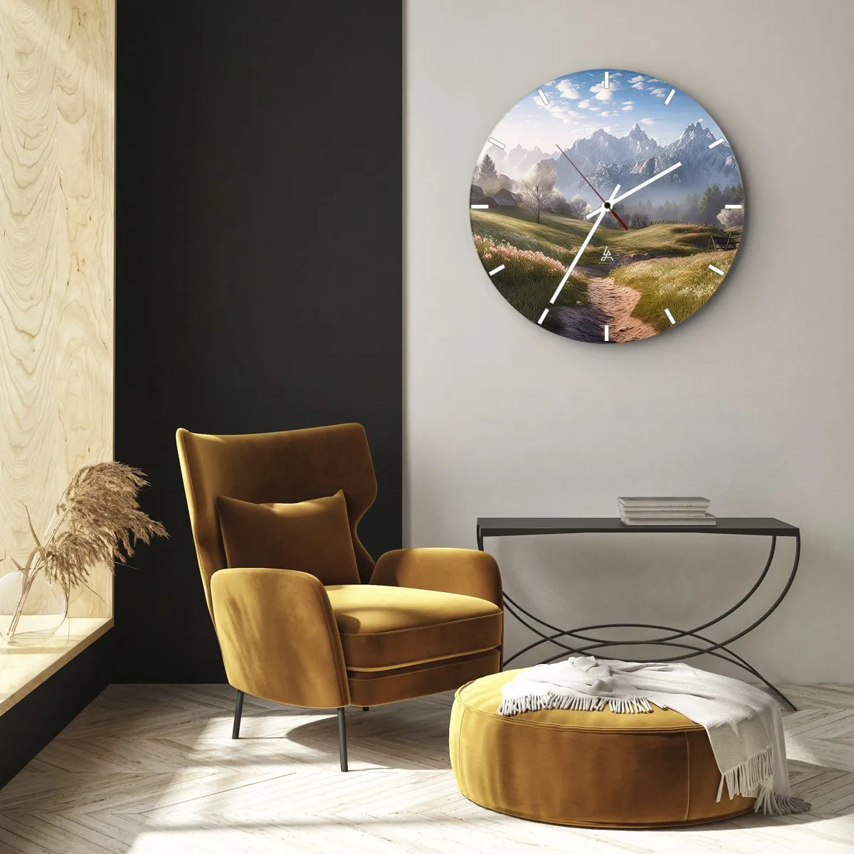 Horloge murale - Pendule murale - Un paysage de montagne avec une vallée, un sentier et des chalets idylliques - 30x30cm - Vallée idyllique - Décoration murale moderne pour le salon, la cuisine et la chambre ARTTOR