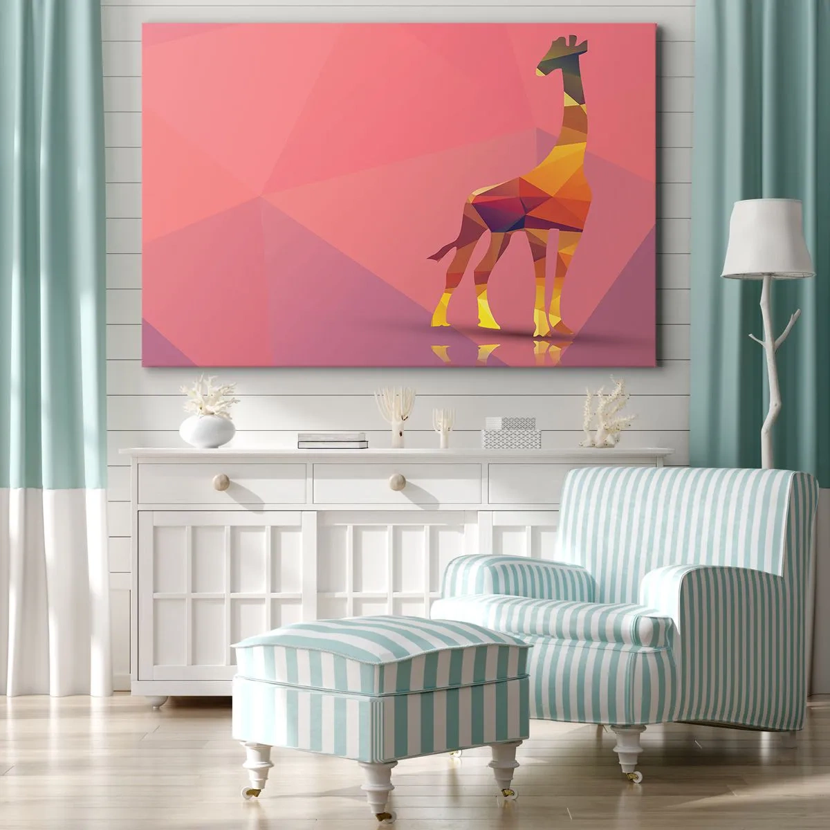 Impression sur toile - Image sur toile - Silhouette de girafe géométrique dans des tons pastel de rose et de jaune - 70x50cm - Les nuances de la savane - Décoration murale moderne pour le salon et la chambre ARTTOR