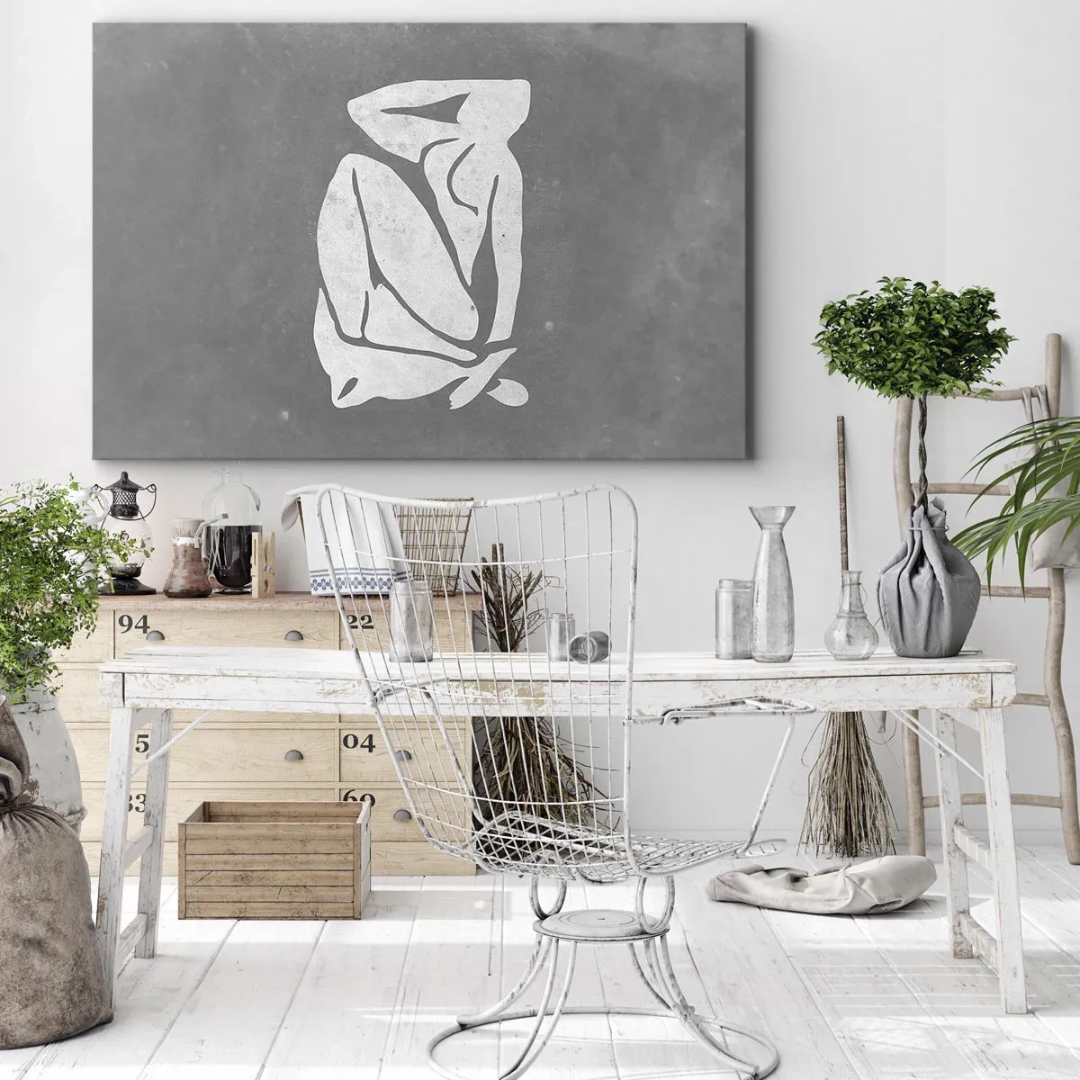 Impression sur toile - Image sur toile - Un dessin de silhouette minimaliste sur fond gris - 70x50cm - En pensée - Décoration murale moderne pour le salon et la chambre ARTTOR