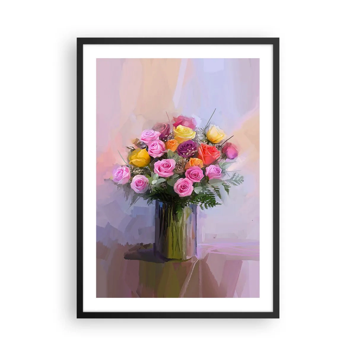 Affiche dans un cadre noir - Poster - Un bouquet de roses et de fleurs dans un vase en verre - 50x70cm - Beauté conservée - Décoration murale moderne pour le salon et la chambre ARTTOR