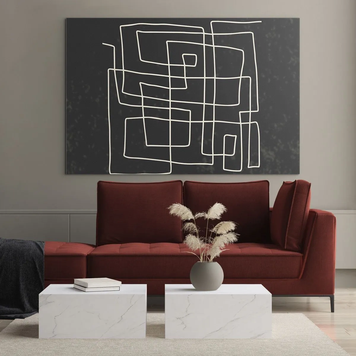 Impression sur verre - Image sur verre - Abstraction géométrique avec des lignes blanches sur fond noir - 70x50cm - Pas aussi simple - Décoration murale moderne pour le salon et la chambre ARTTOR