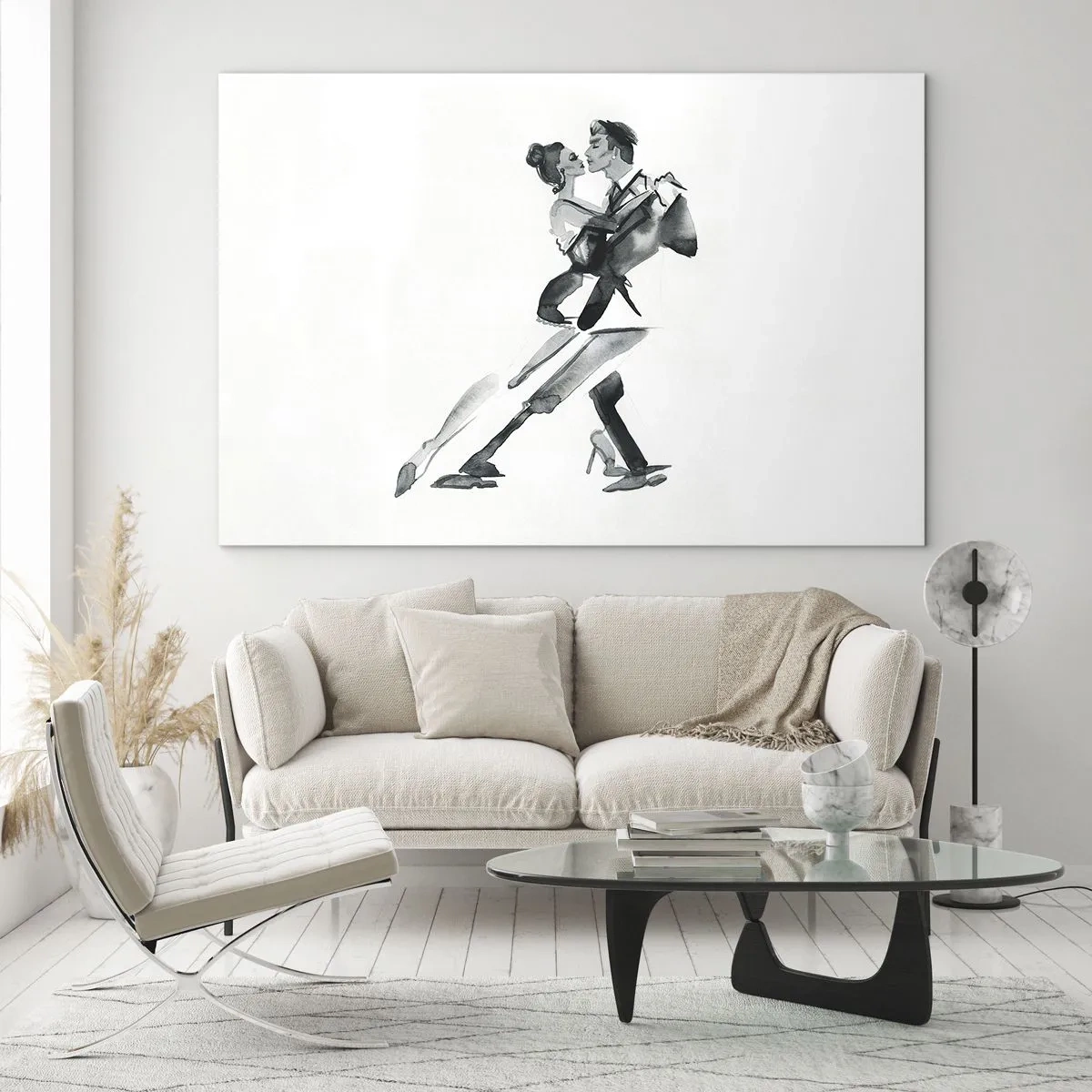 Impression sur verre - Image sur verre - Un couple dansant le tango à l'aquarelle noir et blanc - 70x50cm - En un battement - Décoration murale moderne pour le salon et la chambre ARTTOR