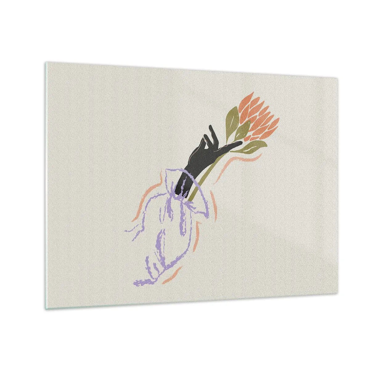 Impression sur verre - Image sur verre - Une main stylisée avec un bouquet de fleurs dessiné avec des lignes pastel. - 70x50cm - Touche fraternelle - Décoration murale moderne pour le salon et la chambre ARTTOR
