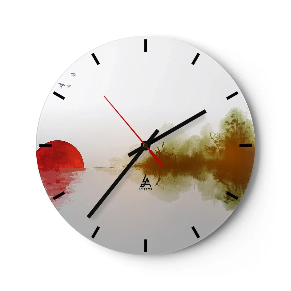 Horloge murale - Pendule murale - Un paysage minimaliste avec un soleil rouge et des reflets - 30x30cm - Une promesse de paix - Décoration murale moderne pour le salon, la cuisine et la chambre ARTTOR