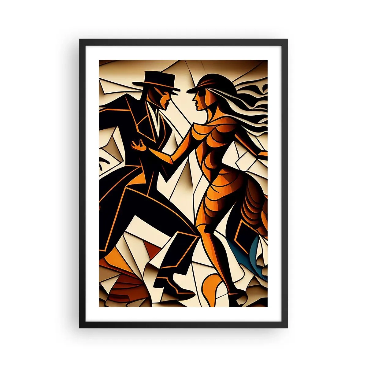 Affiche dans un cadre noir - Poster - Un couple dynamique dansant le tango dans un style cubiste. - 50x70cm - Danse de passion et de volupté - Décoration murale moderne pour le salon et la chambre ARTTOR