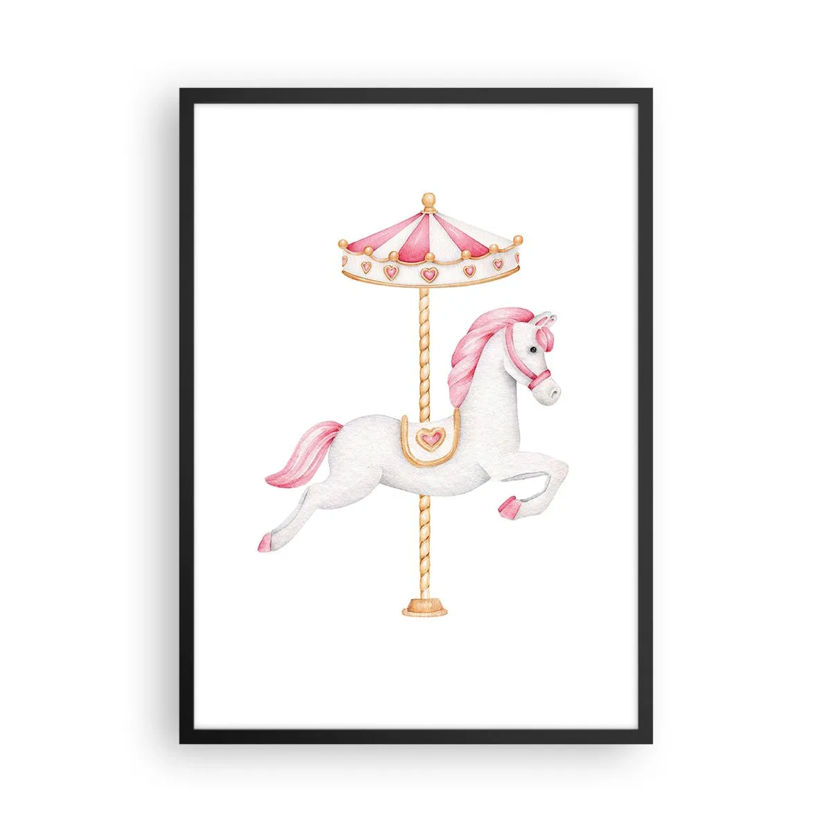 Affiche dans un cadre noir - Poster - Un charmant cheval blanc sur un carrousel aux couleurs pastel - 50x70cm - Les sabots en avant - Décoration murale moderne pour le salon et la chambre ARTTOR