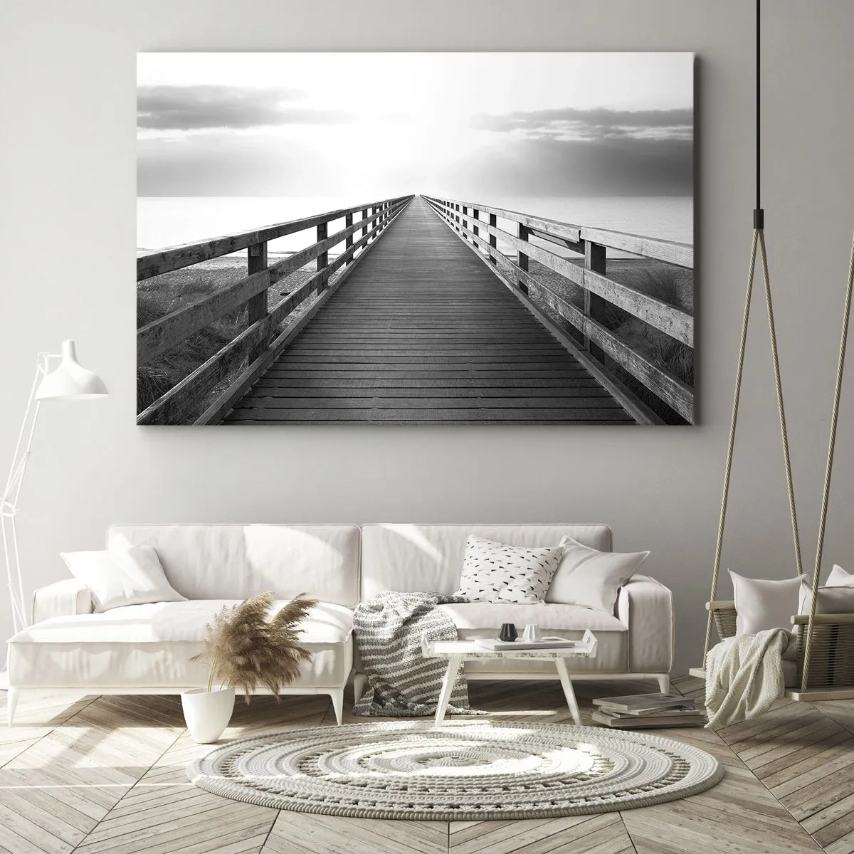 Impression sur toile - Image sur toile - Une image en noir et blanc d'une jetée en bois menant vers l'horizon. - 70x50cm - A perte de vue... - Décoration murale moderne pour le salon et la chambre ARTTOR