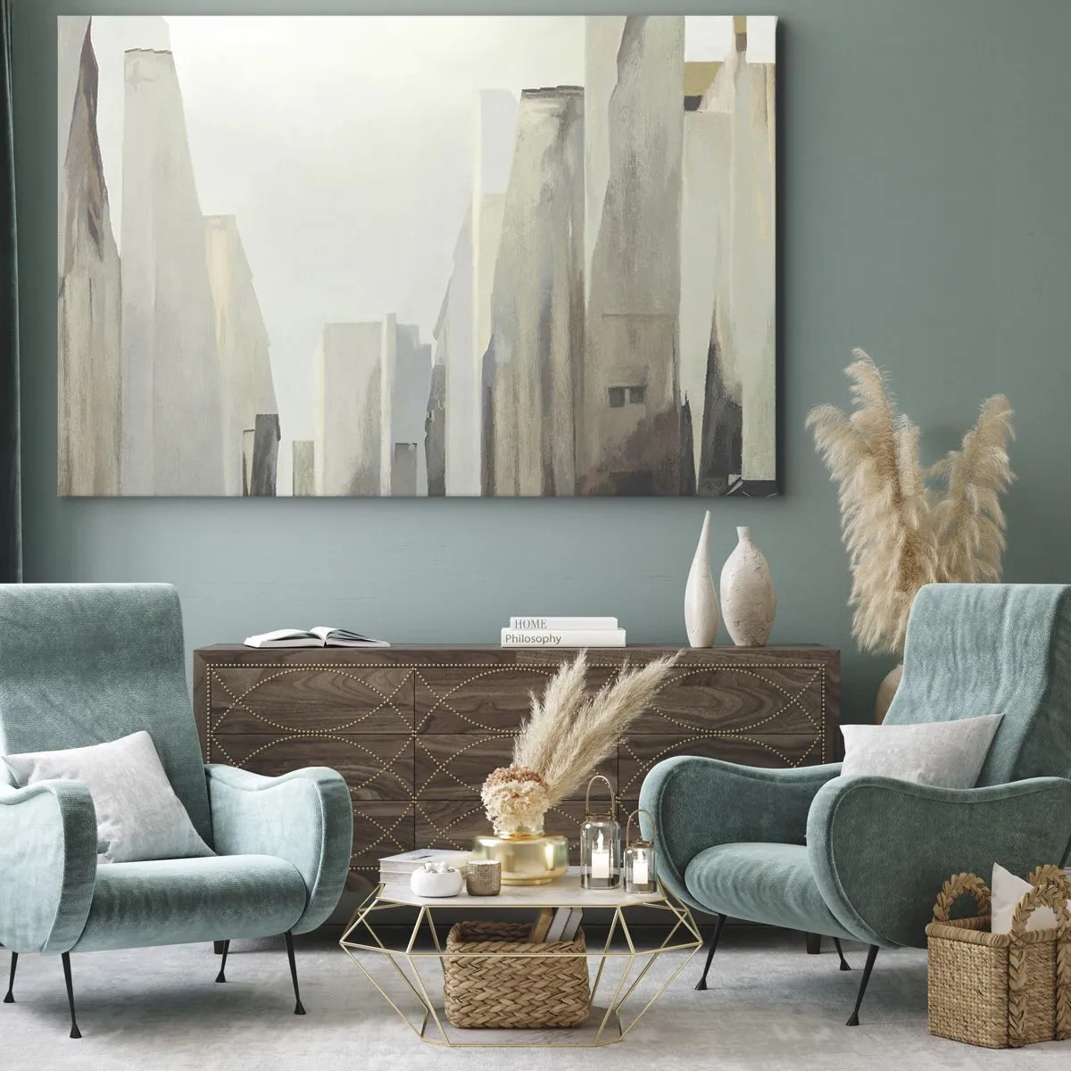 Impression sur toile - Image sur toile - Paysage urbain abstrait aux tons pastel - 70x50cm - Rêve de la ville - Décoration murale moderne pour le salon et la chambre ARTTOR