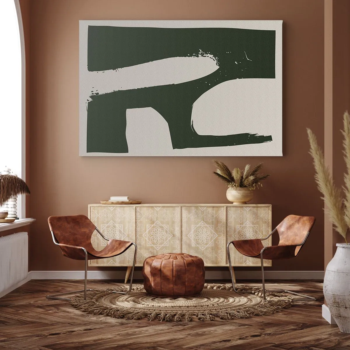 Impression sur toile - Image sur toile - Abstrait minimaliste en vert sur fond clair - 70x50cm - Baies blanches - Décoration murale moderne pour le salon et la chambre ARTTOR