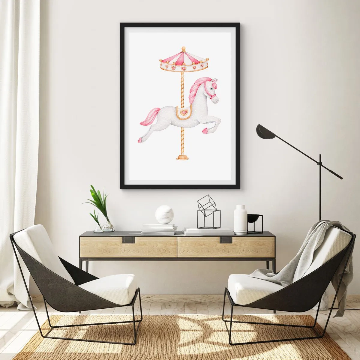 Affiche dans un cadre noir - Poster - Un charmant cheval blanc sur un carrousel aux couleurs pastel - 50x70cm - Les sabots en avant - Décoration murale moderne pour le salon et la chambre ARTTOR