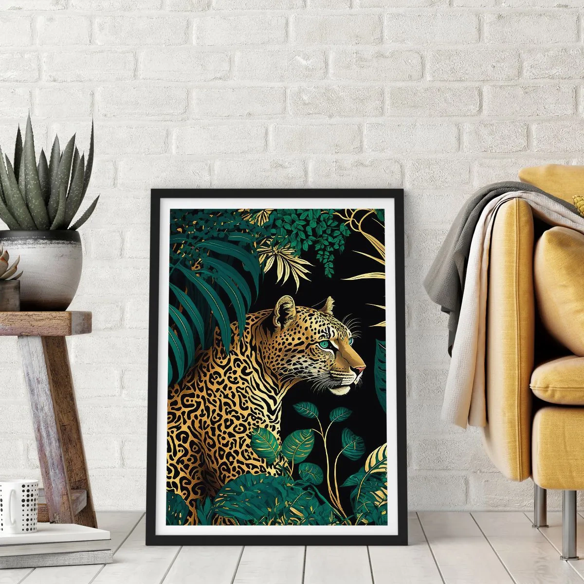 Affiche dans un cadre noir - Poster - Léopard doré dans la jungle tropicale - 50x70cm - Un hôte dans la jungle - Décoration murale moderne pour le salon et la chambre ARTTOR
