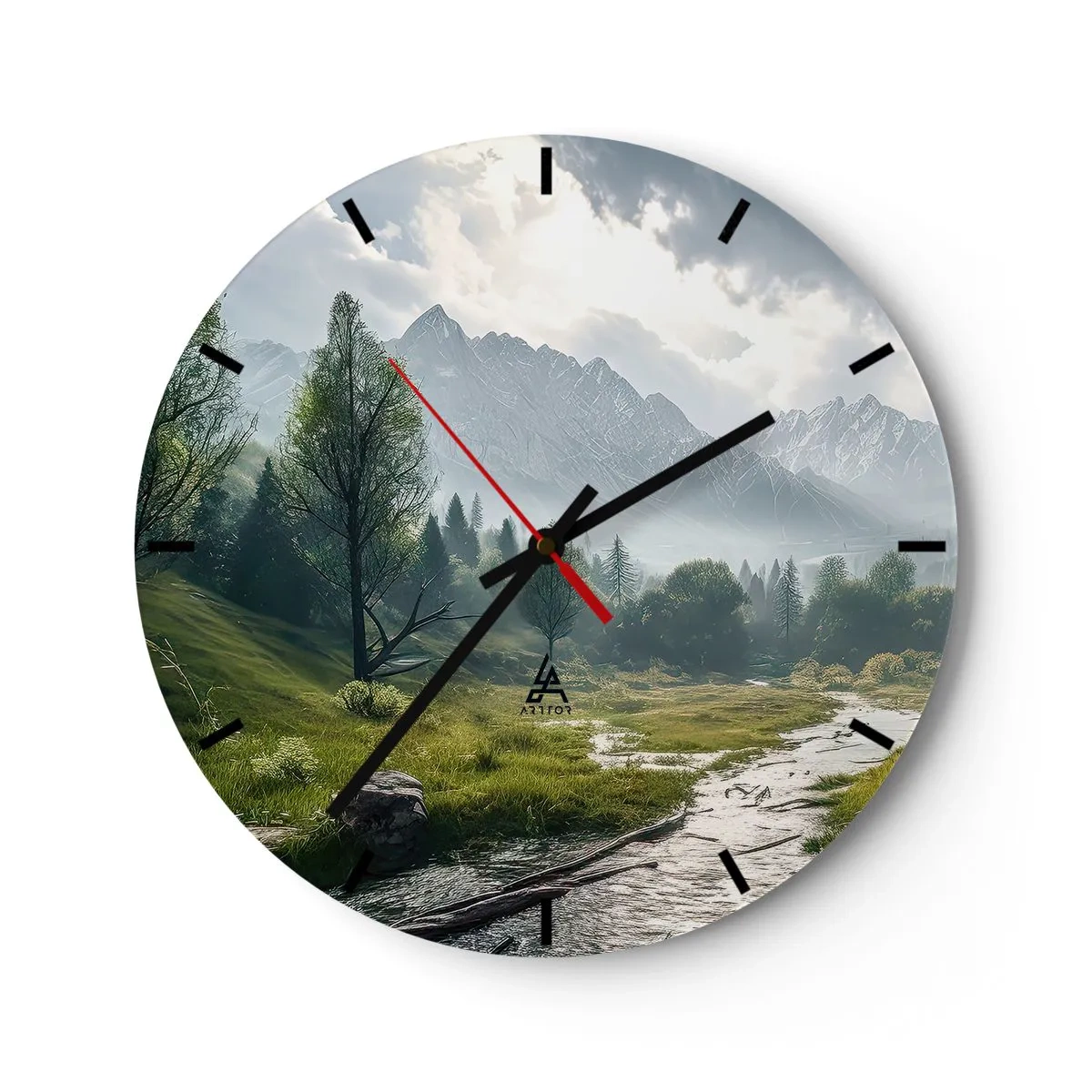 Horloge murale - Pendule murale - Paysage de montagne avec une rivière et des arbres le matin - 30x30cm - Aller et retour - Décoration murale moderne pour le salon, la cuisine et la chambre ARTTOR
