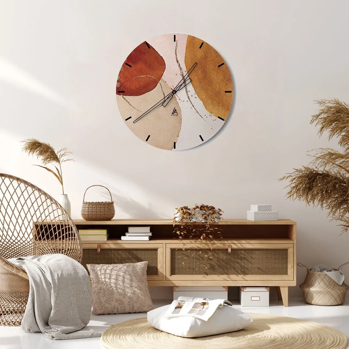 Horloge murale - Pendule murale - Composition abstraite avec des taches de couleurs terreuses - 30x30cm - Rondeur et mouvement - Décoration murale moderne pour le salon, la cuisine et la chambre ARTTOR