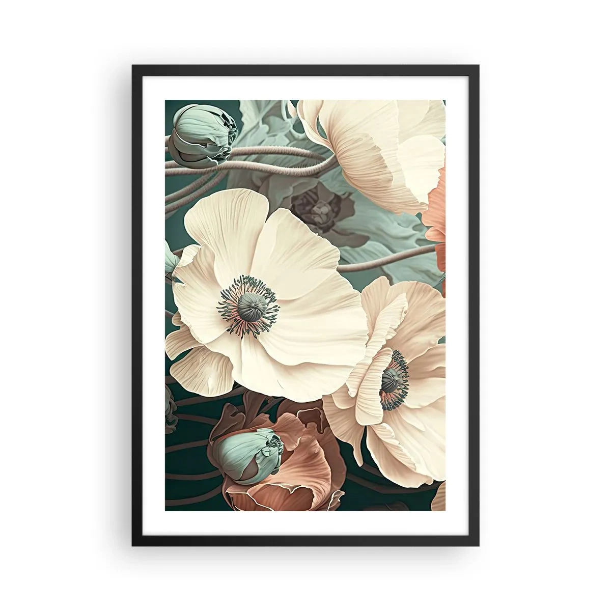 Affiche dans un cadre noir - Poster - Fleurs délicates aux tons pastel sur fond sombre - 50x70cm - Le murmure des coquelicots - Décoration murale moderne pour le salon et la chambre ARTTOR