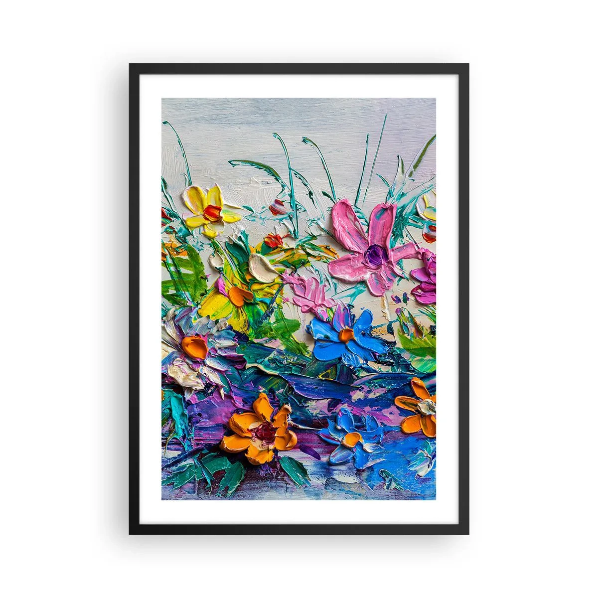 Affiche dans un cadre noir - Poster - Une composition florale peinte avec une texture épaisse et des couleurs vives - 50x70cm - Absolument pas une nature morte - Décoration murale moderne pour le salon et la chambre ARTTOR