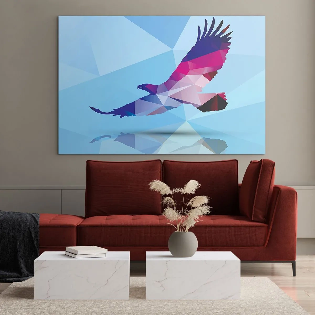 Impression sur verre - Image sur verre - Aigle géométrique sur fond bleu - 70x50cm - Aigle en cristal lilas - Décoration murale moderne pour le salon et la chambre ARTTOR