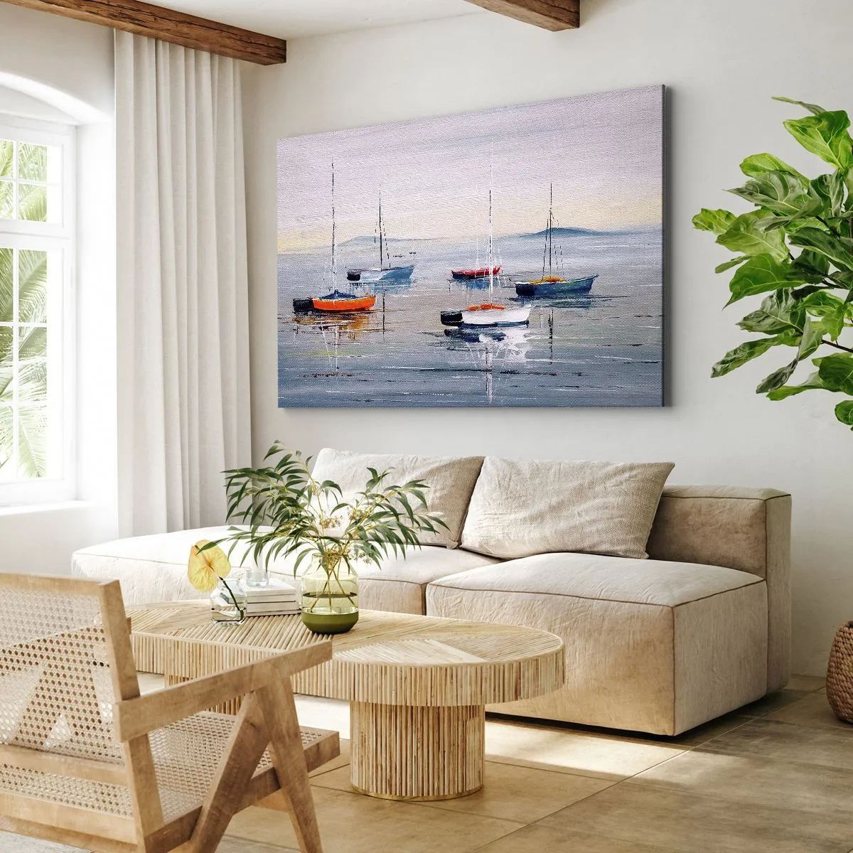 Impression sur toile - Image sur toile - Bateaux colorés sur une eau calme - 70x50cm - Un repos bien mérité - Décoration murale moderne pour le salon et la chambre ARTTOR