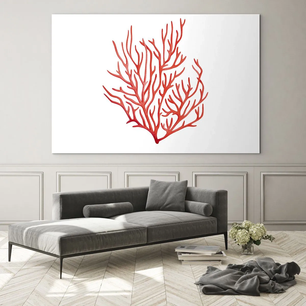 Impression sur verre - Image sur verre - Corail rouge avec une structure en filigrane sur fond blanc - 70x50cm - Filigrane de corail - Décoration murale moderne pour le salon et la chambre ARTTOR