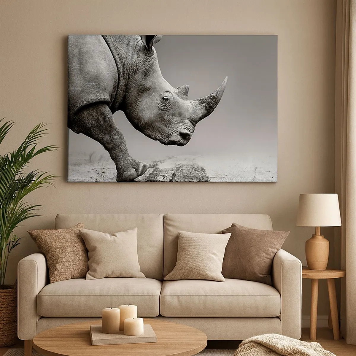 Impression sur toile - Image sur toile - Portrait d'un rhinocéros sur fond de désert gris - 70x50cm - Force inarrêtable - Décoration murale moderne pour le salon et la chambre ARTTOR
