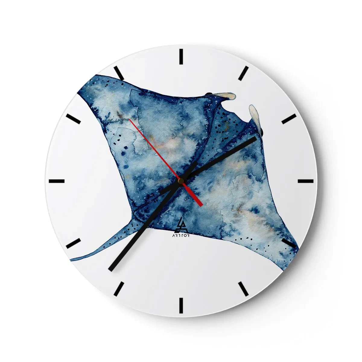 Horloge murale - Pendule murale - Raie manta bleu marine à l'aquarelle sur fond blanc - 30x30cm - La vie en bleu - Décoration murale moderne pour le salon, la cuisine et la chambre ARTTOR