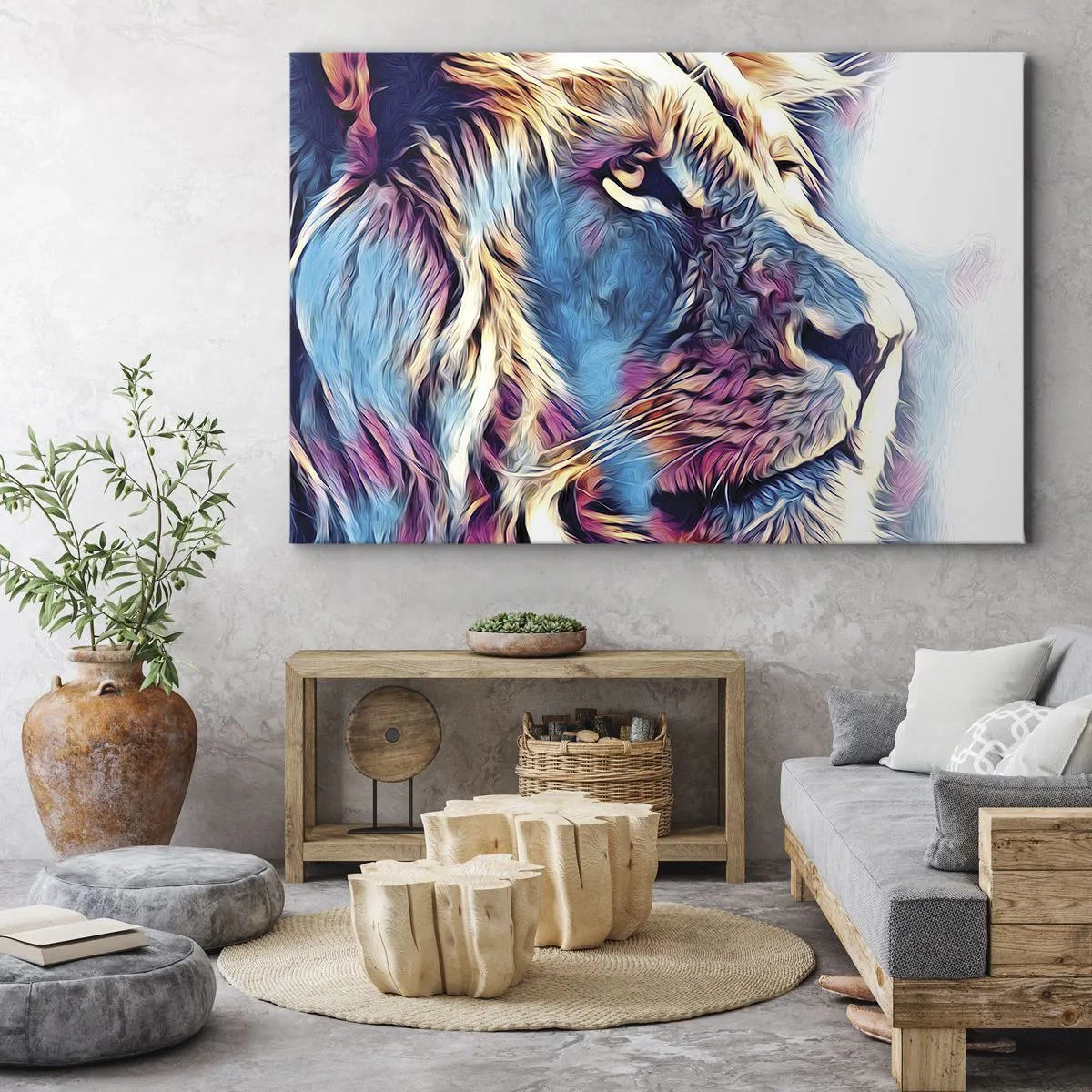 Impression sur toile - Image sur toile - Portrait d'un lion aux couleurs vives et abstraites - 70x50cm - L'intelligence de la nature - Décoration murale moderne pour le salon et la chambre ARTTOR