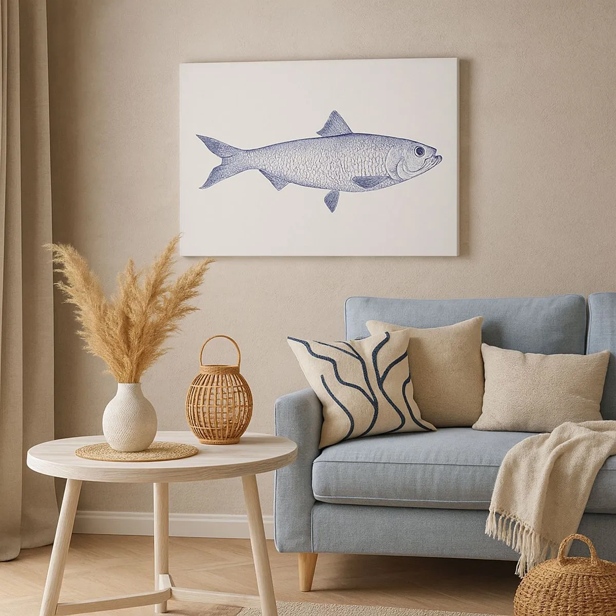 Impression sur toile - Image sur toile - Illustration d'un poisson dans des tons de bleu sur fond clair - 70x50cm - Salutations des mers du nord - Décoration murale moderne pour le salon et la chambre ARTTOR