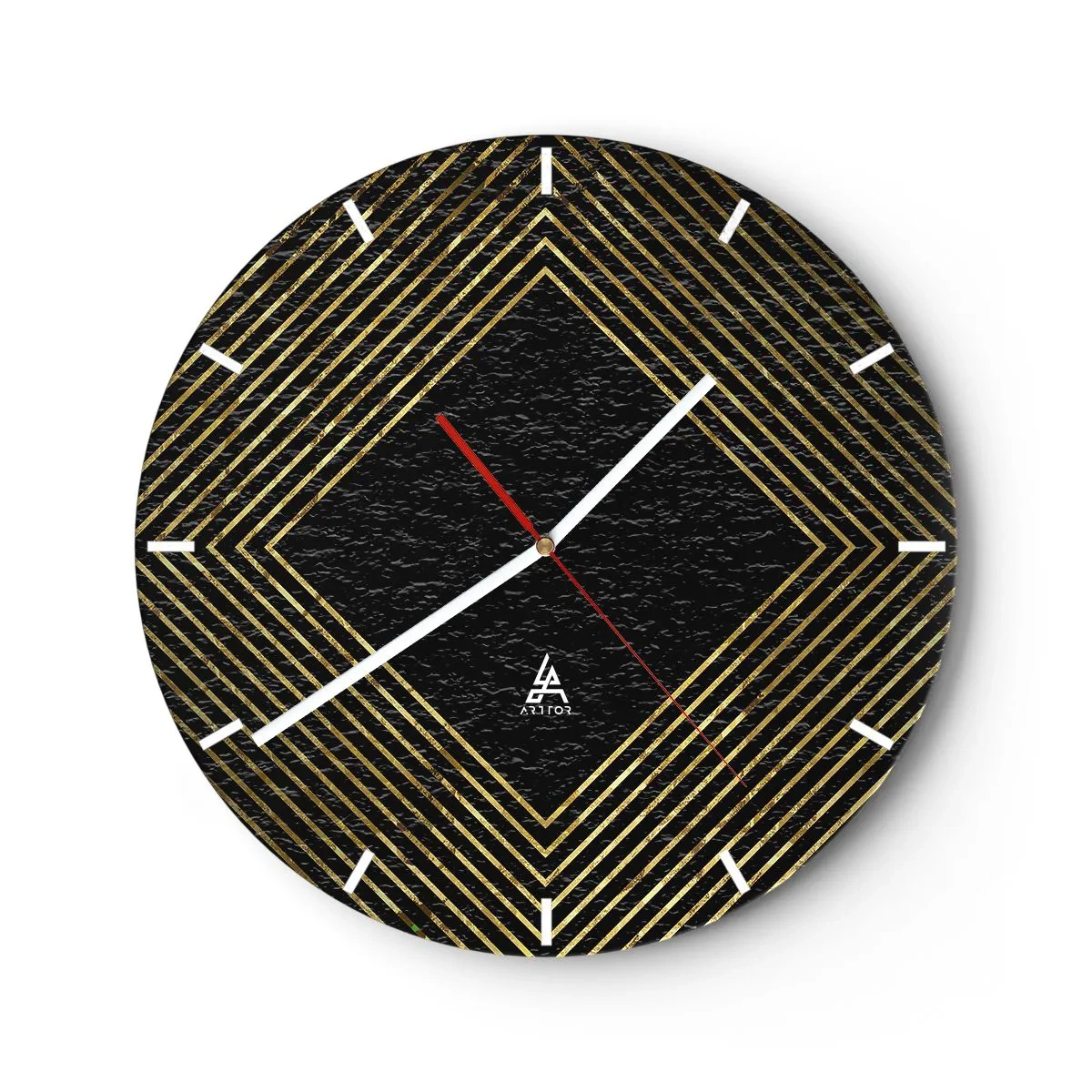 Horloge murale - Pendule murale - Lignes dorées formant un losange sur fond noir - 30x30cm - Géométrie dans un style glamour - Décoration murale moderne pour le salon, la cuisine et la chambre ARTTOR