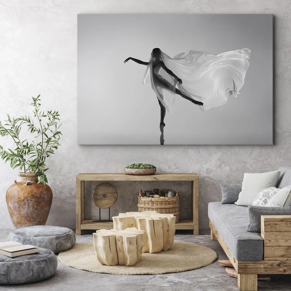Impression sur toile - Image sur toile - Une danseuse dans une pose éthérée avec un tissu fluide - 70x50cm - Légèreté et grâce - Décoration murale moderne pour le salon et la chambre ARTTOR